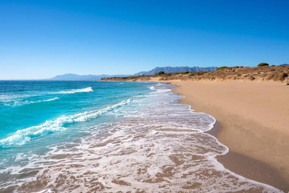 Beautiful Cabopino beach with turquoise water and sandy shore