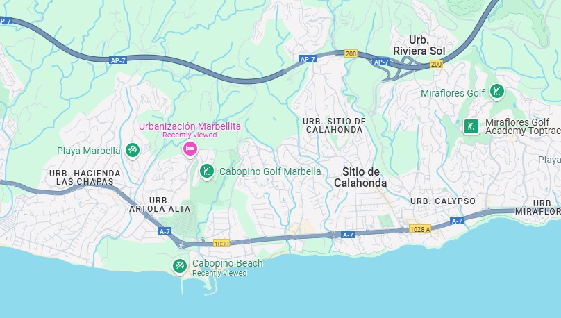 Map showing Casa Patricia location between Cabopino Golf and Cabopino Beach in Marbella