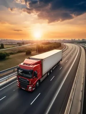 Red truck on highway at sunset