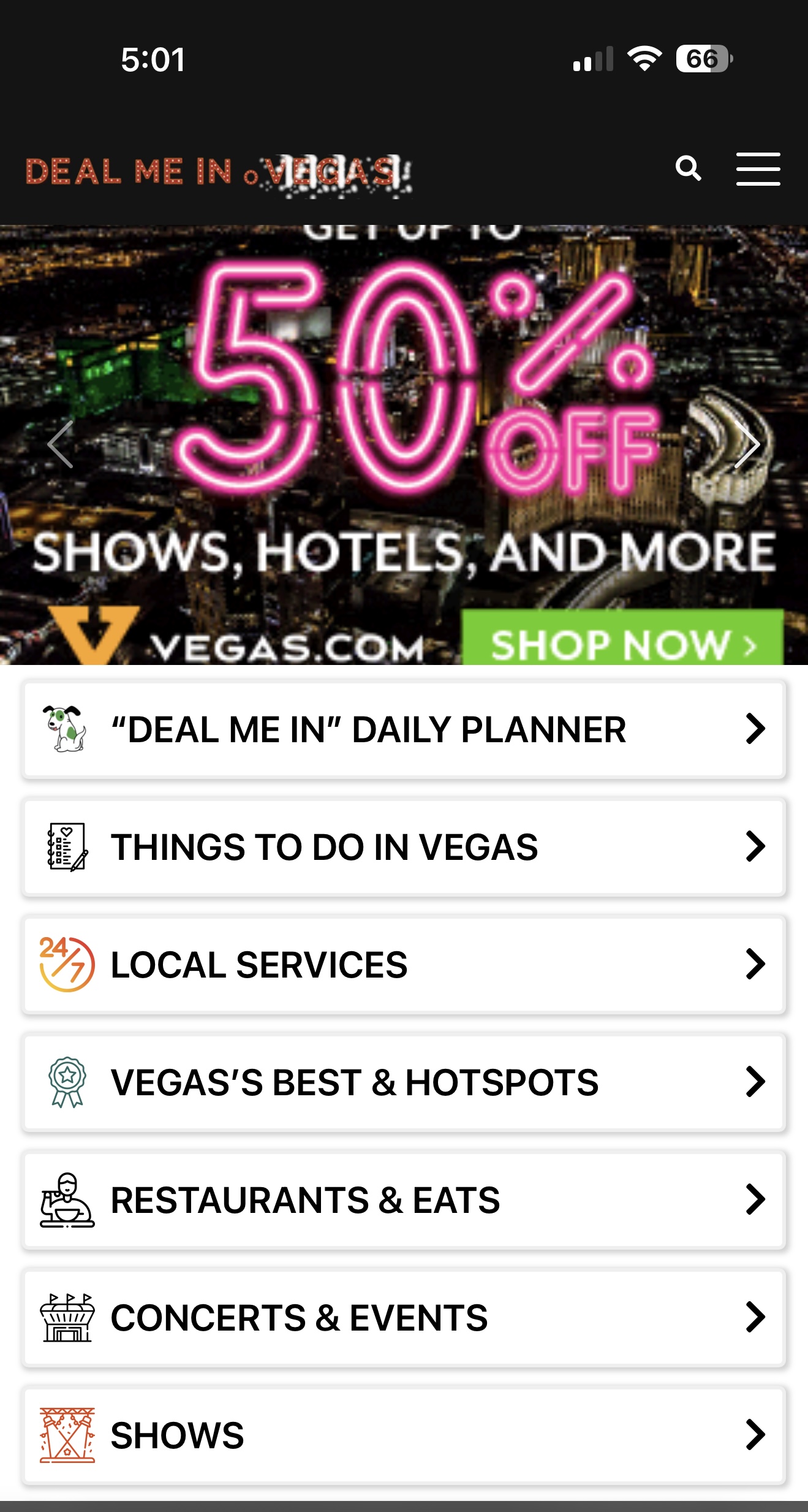 DealMeIn Vegas app showing 50% off deals