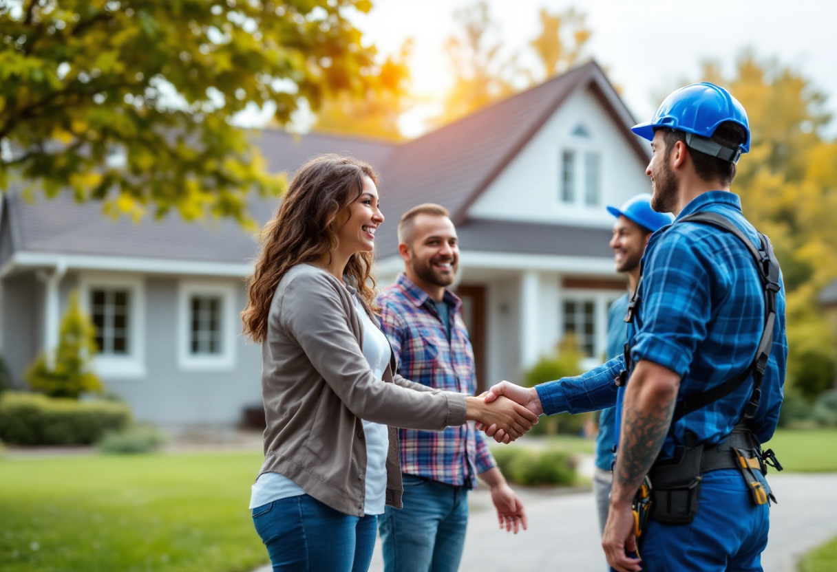 Homeowners meeting with roofing contractors