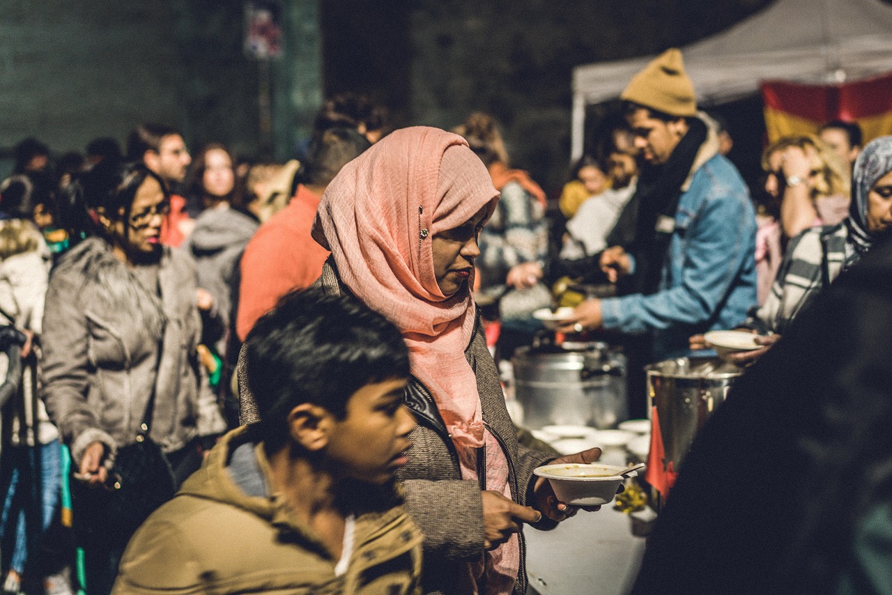 Food festival crowd enjoying meals