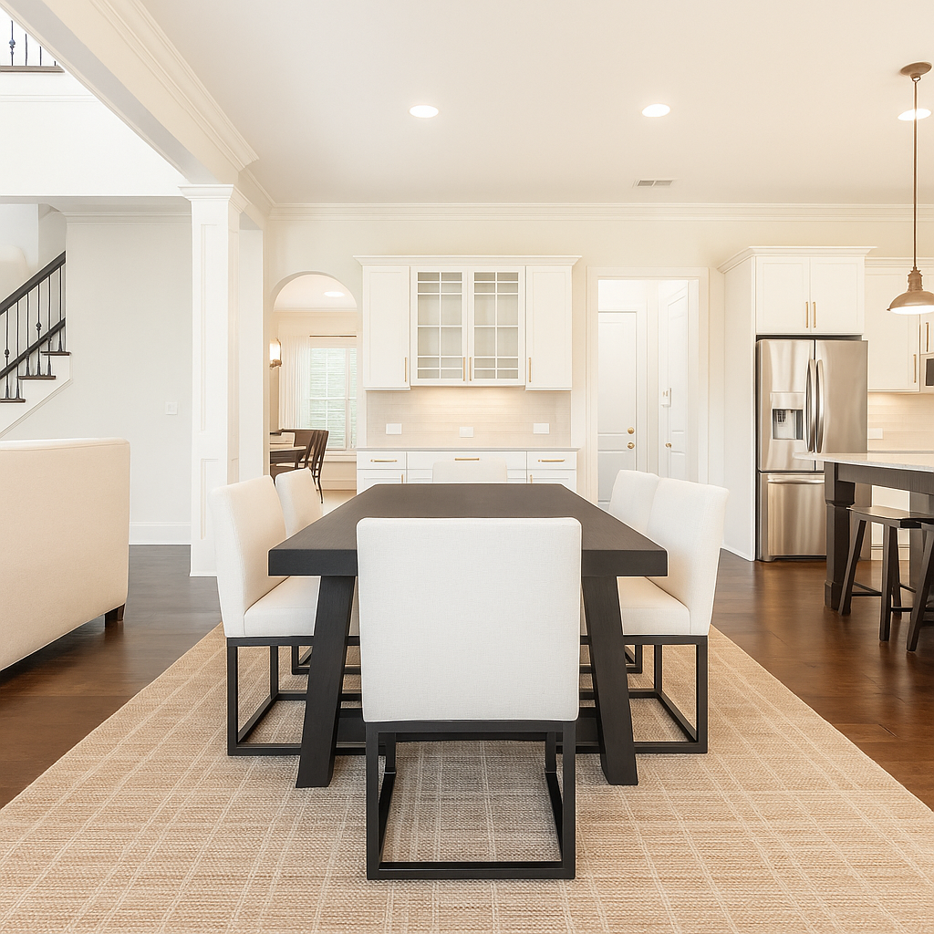 Modern dining room with white chairs