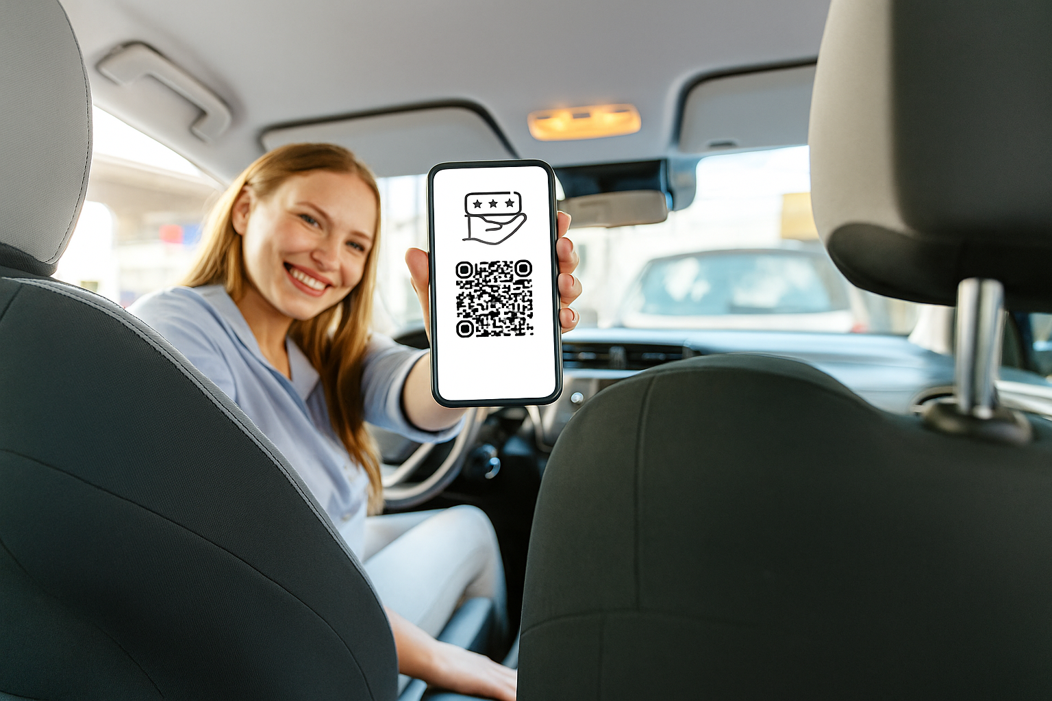 Driver showing QR code to passenger