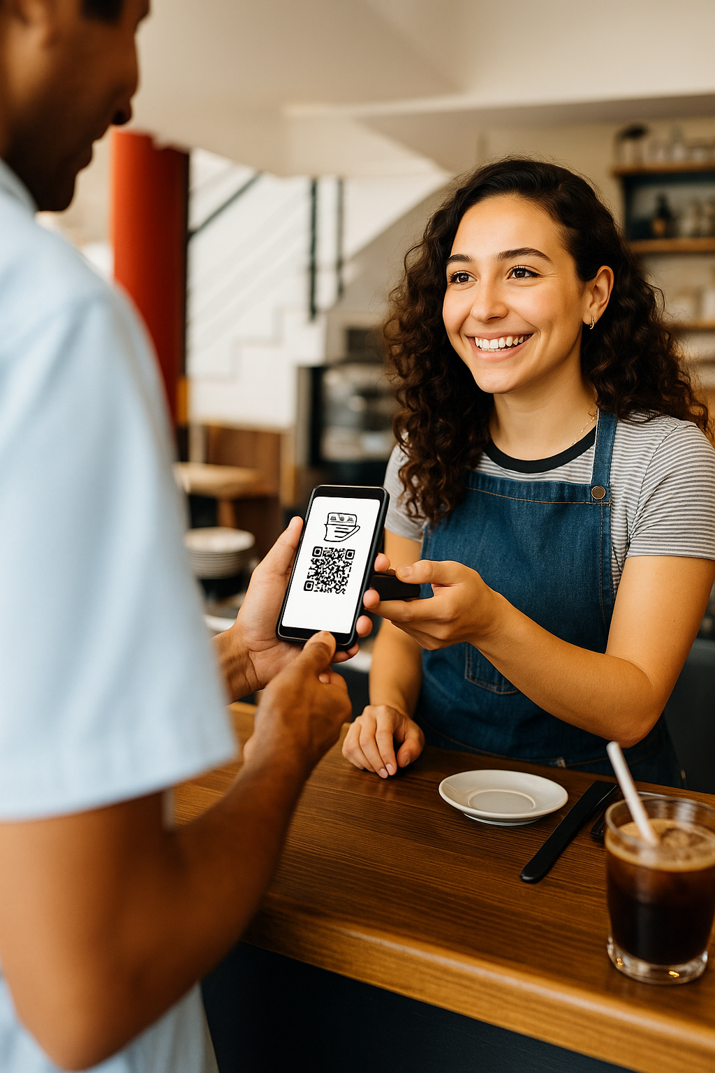 Business owner showing QR code to customer