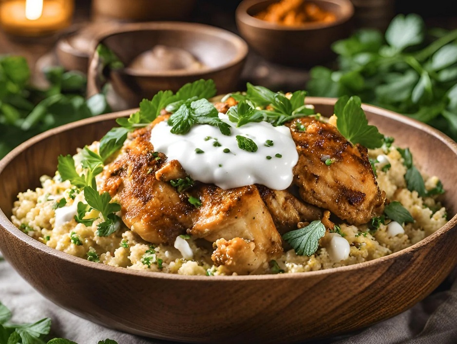Healthy meal with grilled chicken and couscous