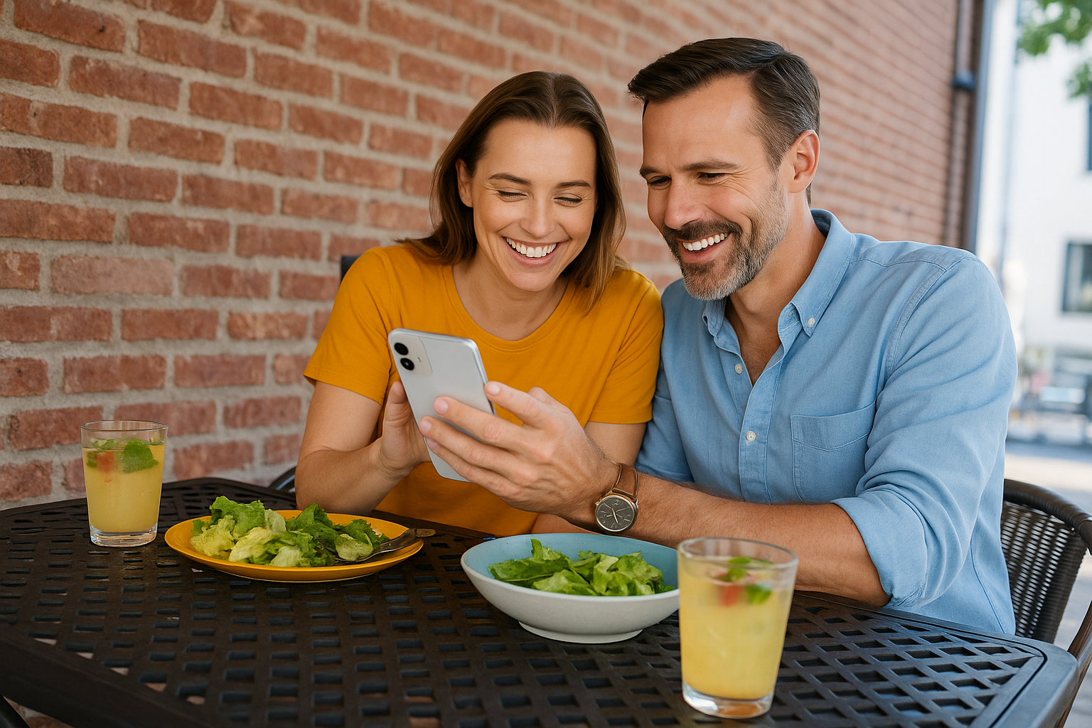 Couple looking at phone while dining
