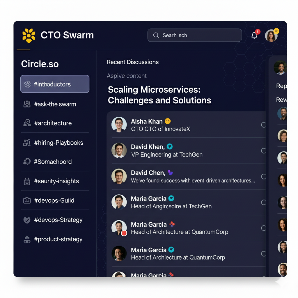 CTO Swarm community platform interface showing discussions and member interactions