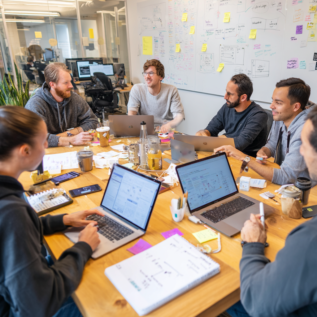 Team of startup professionals collaborating around a table with laptops and documents in a modern office with whiteboards