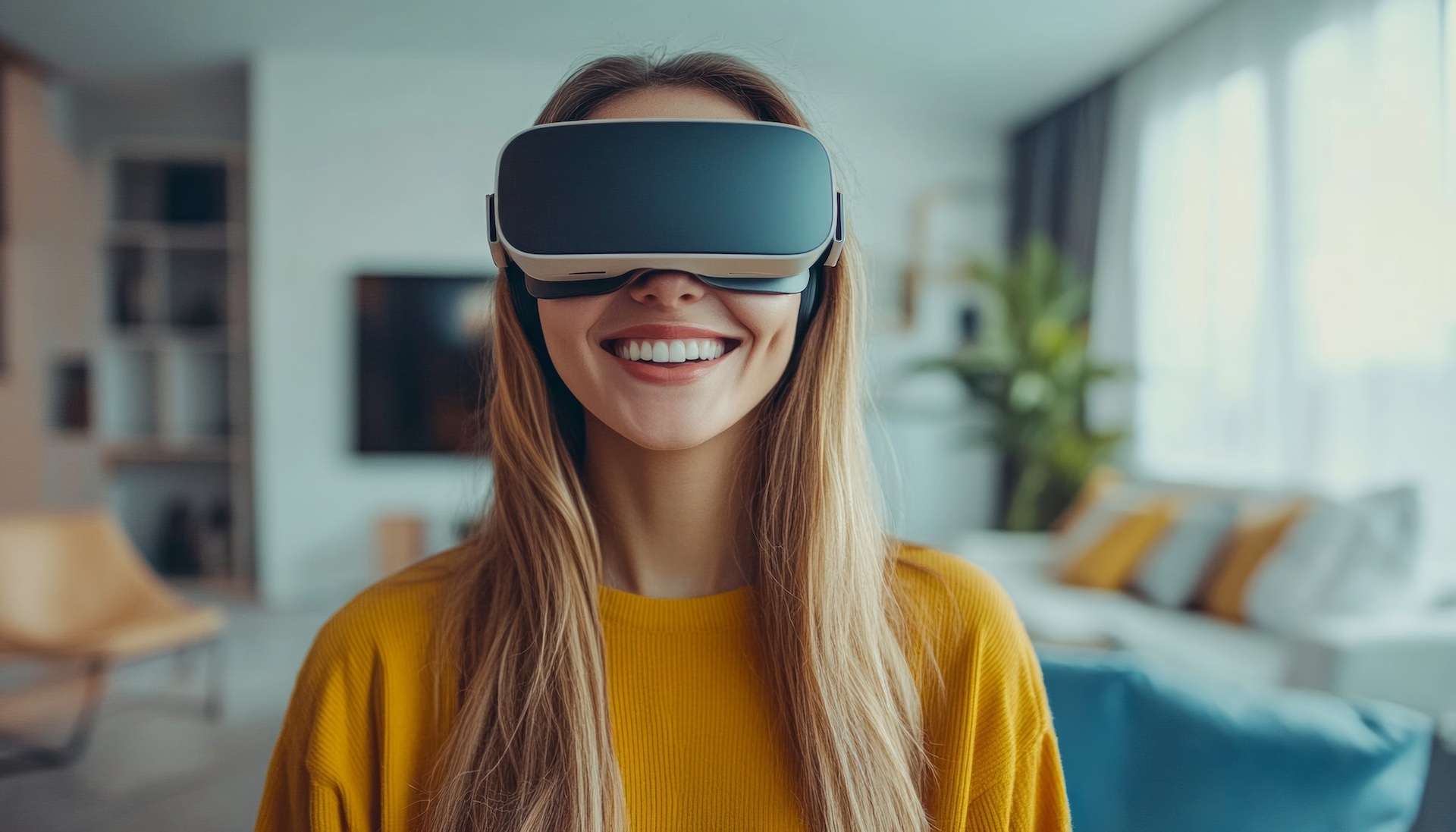 Person experiencing virtual apartment tour with VR headset