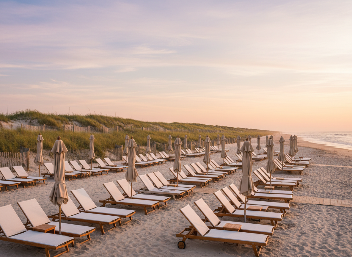 Aerial view of Village Beach Club at sunset