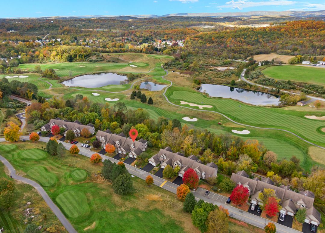 Aerial view of townhomes on golf course