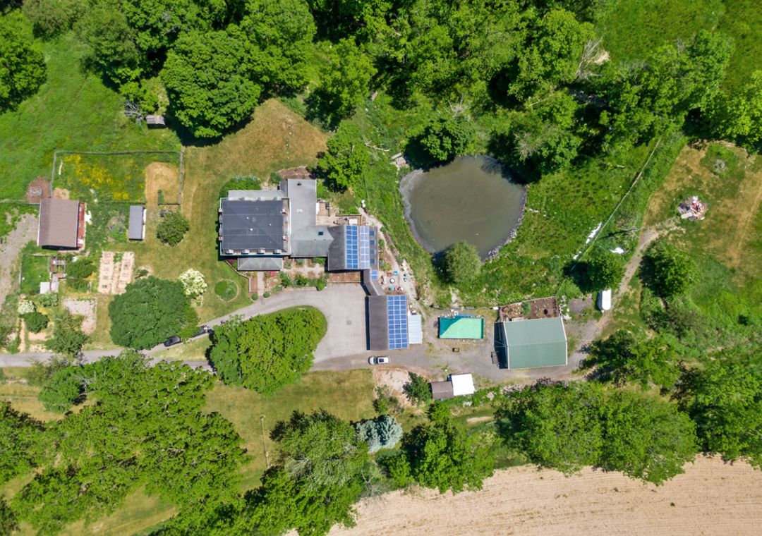 Top-down aerial view of farm property