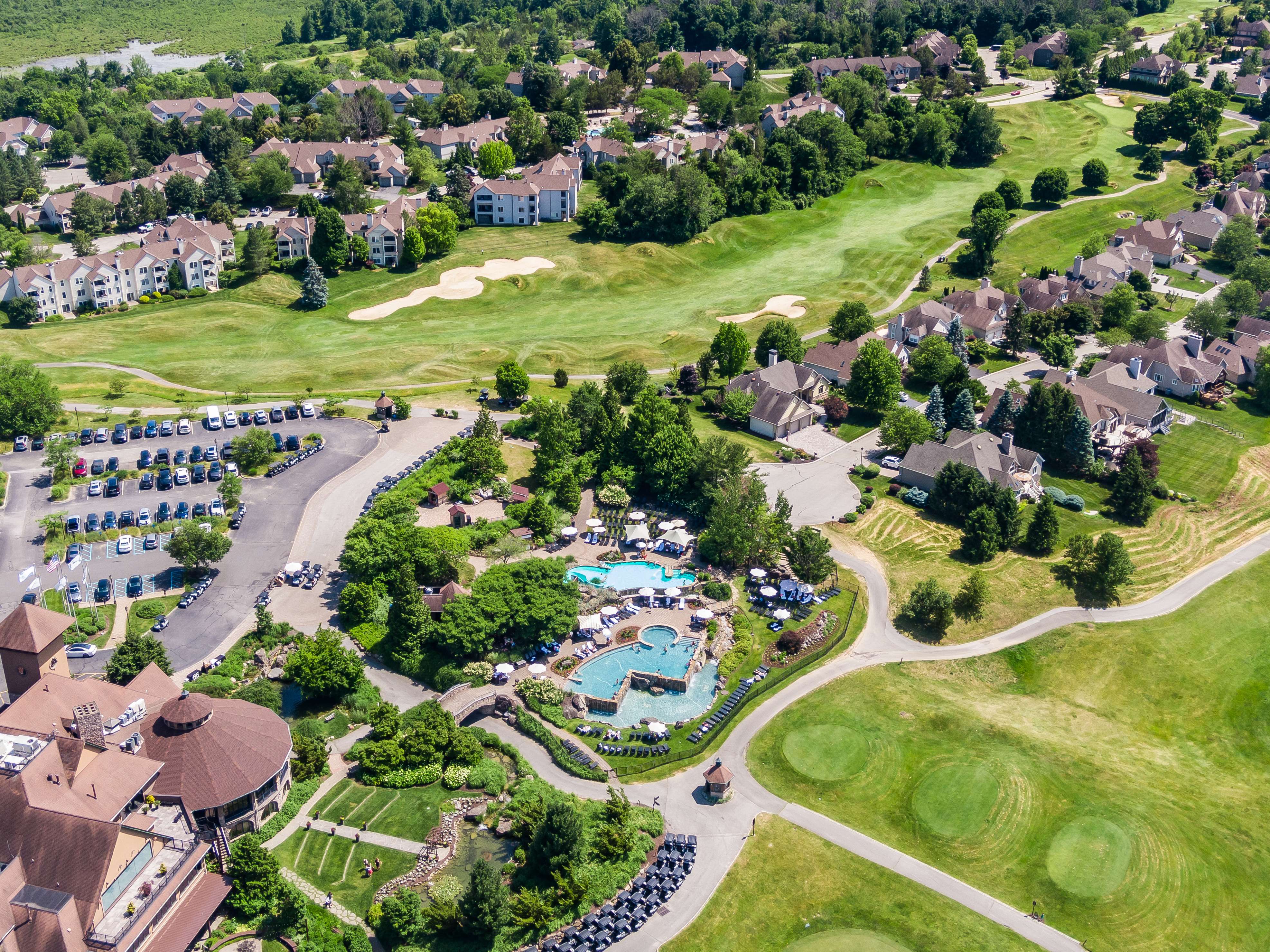 Wide aerial view of resort and golf course
