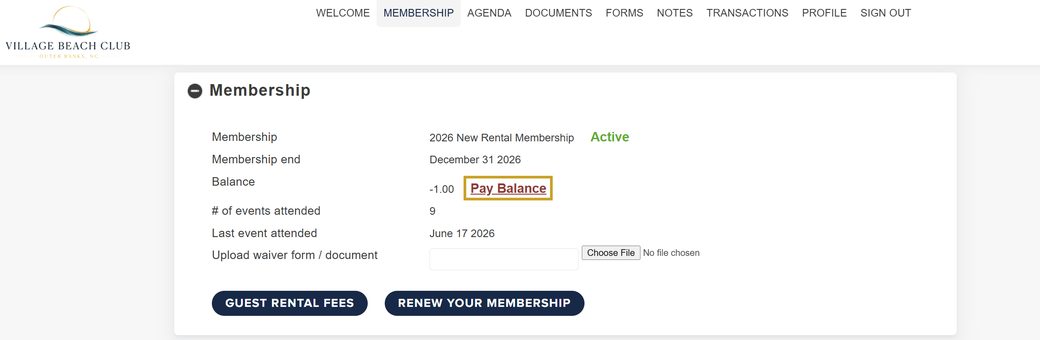 The Membership page showing your balance and the Pay Balance link