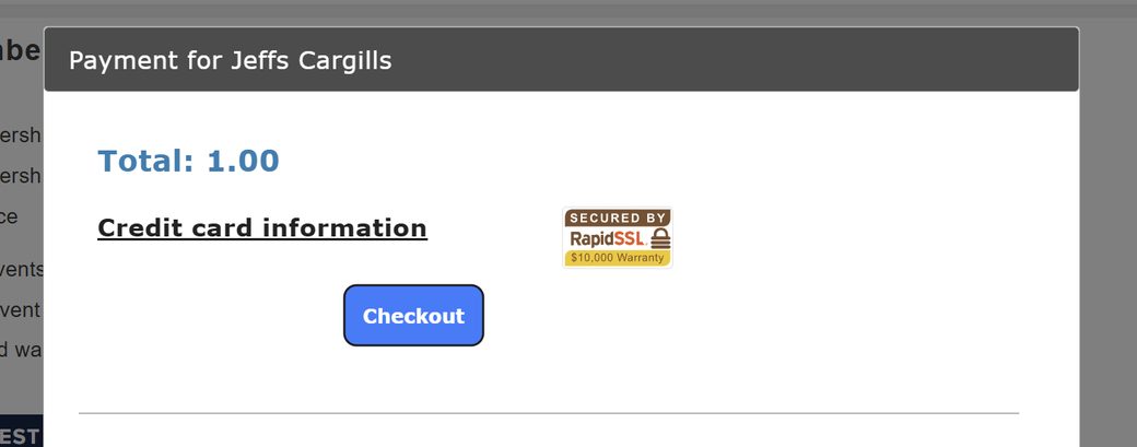 The secure payment window with credit card fields and the Checkout button