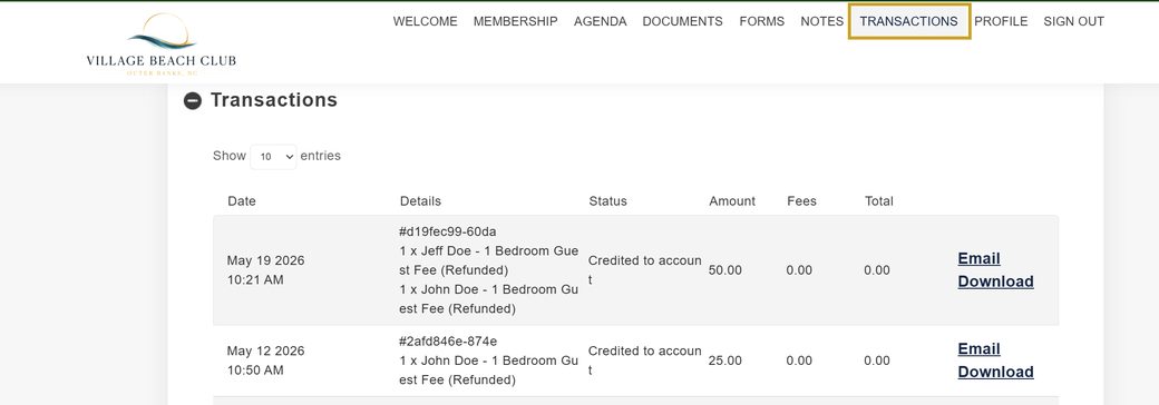 The Transactions tab listing guest fees with Email and Download options